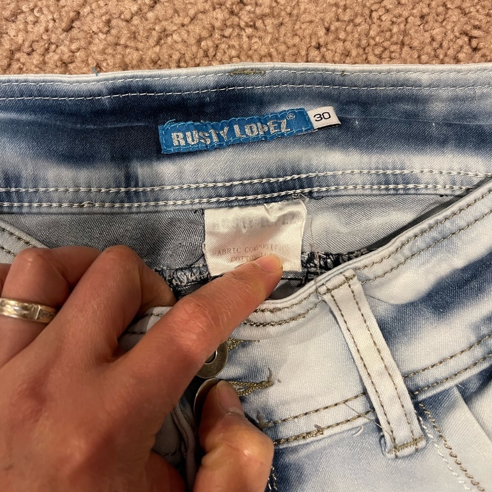 RUSTY LOPEZ Y2K Faded Low Waist Straight Leg Denim Distressed Jeans - Picture 3 of 8